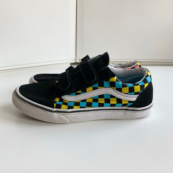 Vans Old‎ Skool V Neon Glow Check Black/Multi Unisex Junior 6 Hook Loop Shoes - Picture 1 of 10